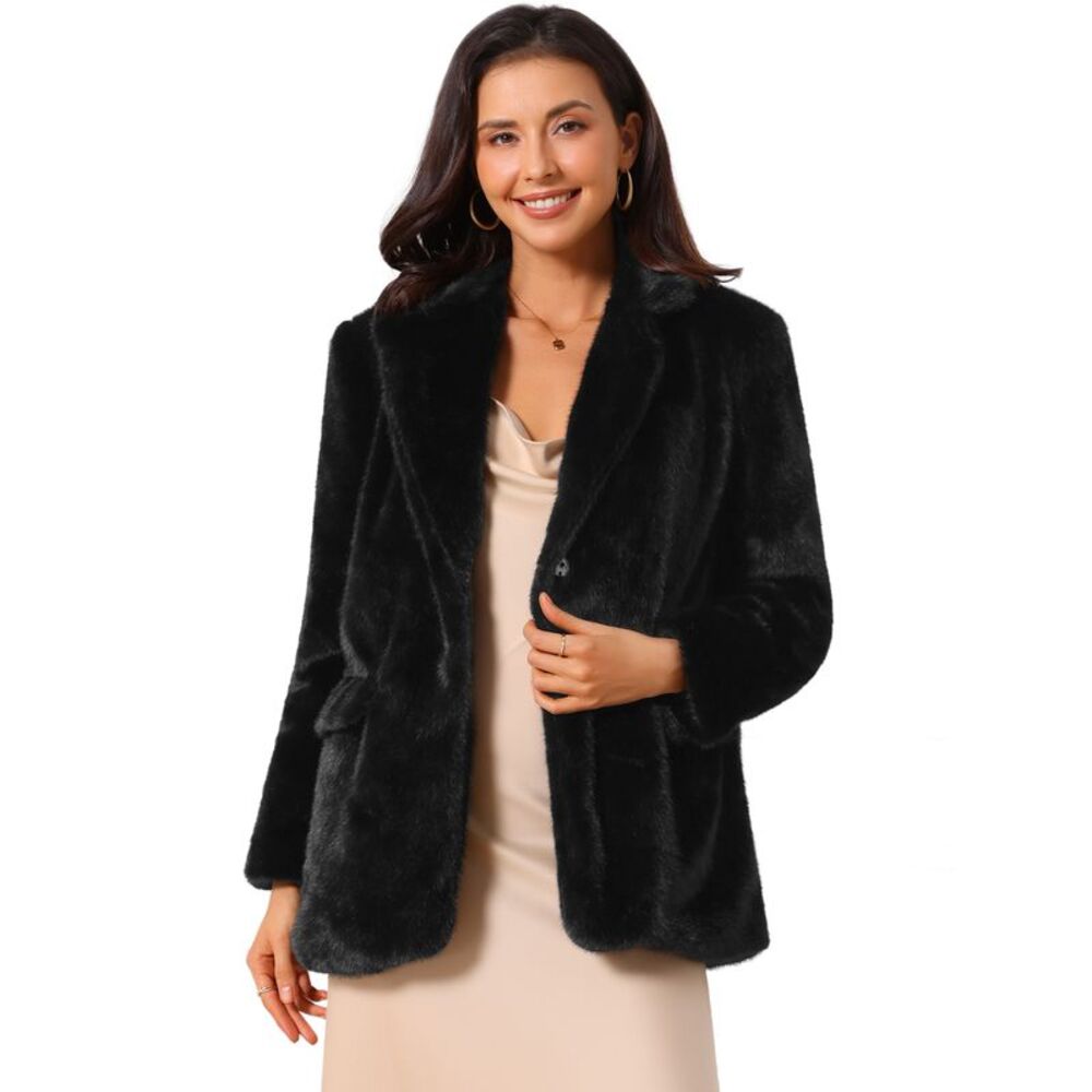 Women's Faux Fur Coat Fall Winter Fluffy Fur Coat Open Front Jacket Black